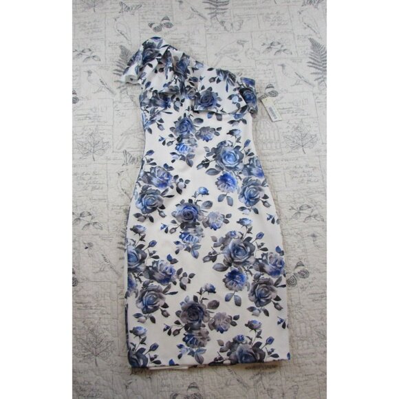 New ELIZA J Metallic One Shoulder Floral Print Ruffle Pencil Dress White Blue 2 - Picture 5 of 11
